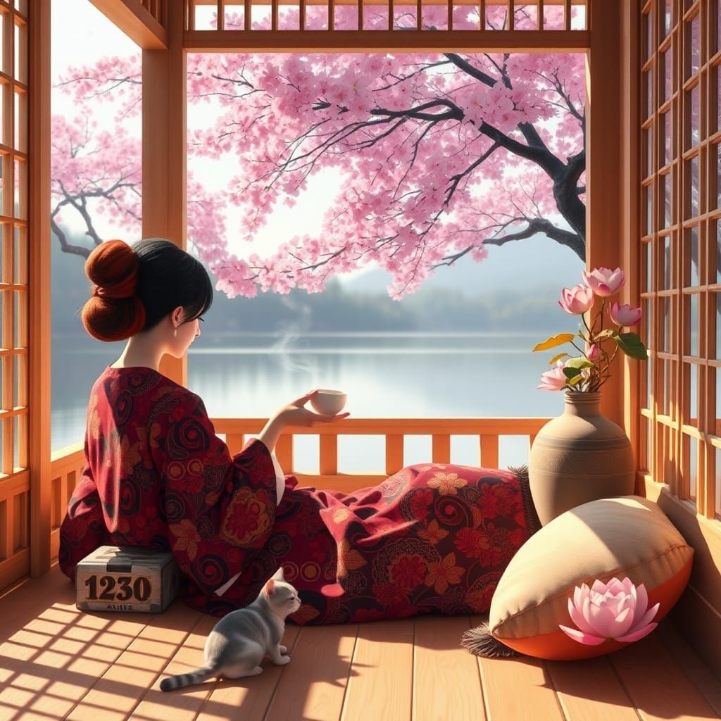Serene Woman Enjoying Tea in Japanese Art Style