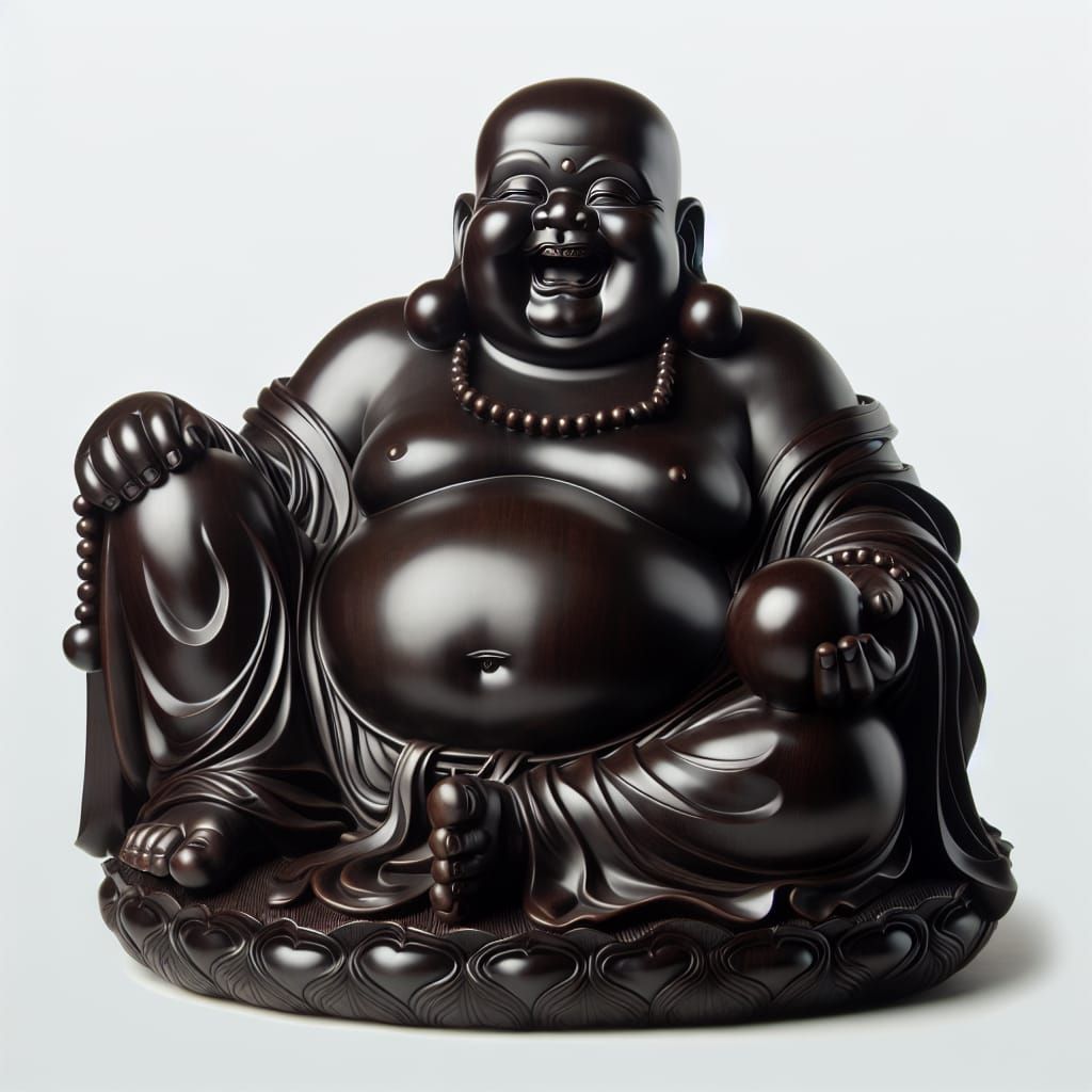 Ebony Laughing Buddha Statue with Pearls