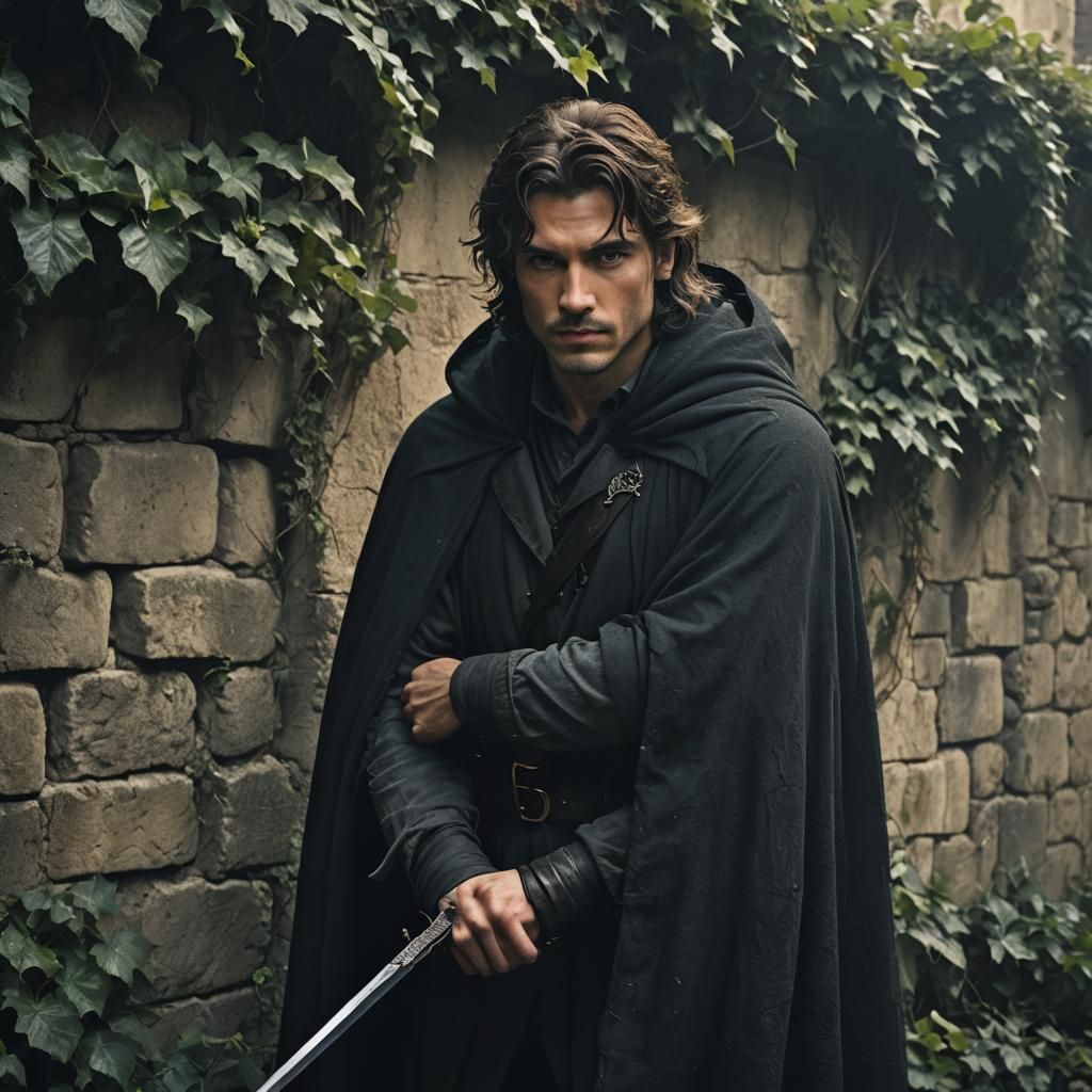 Dashing Rogue with Dagger in Neo-Noir Film Still