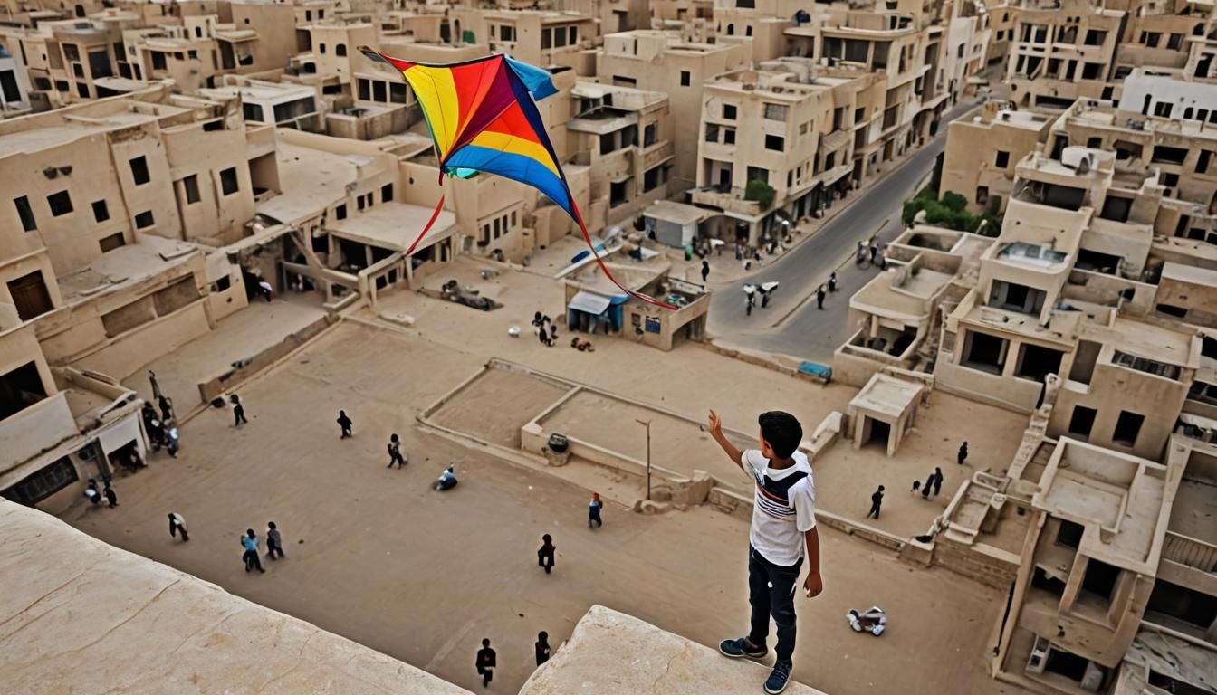 Boy Flying Kite on Middle Eastern Rooftop