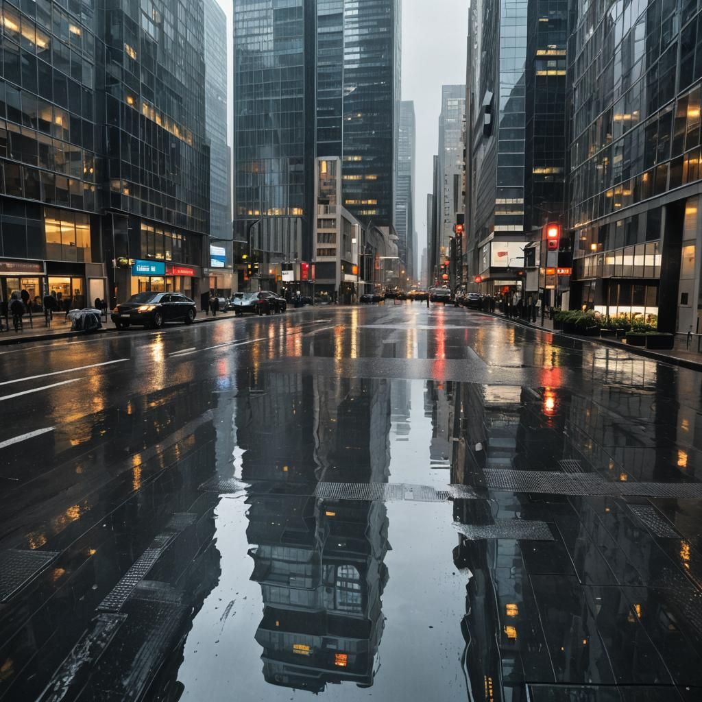Skyscrapers Reflecting a Wet City Scene