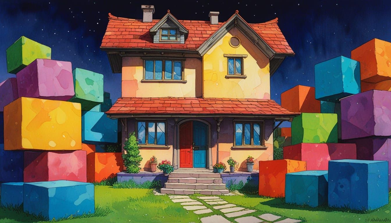 Colorful Block House in Daylight Watercolor Style