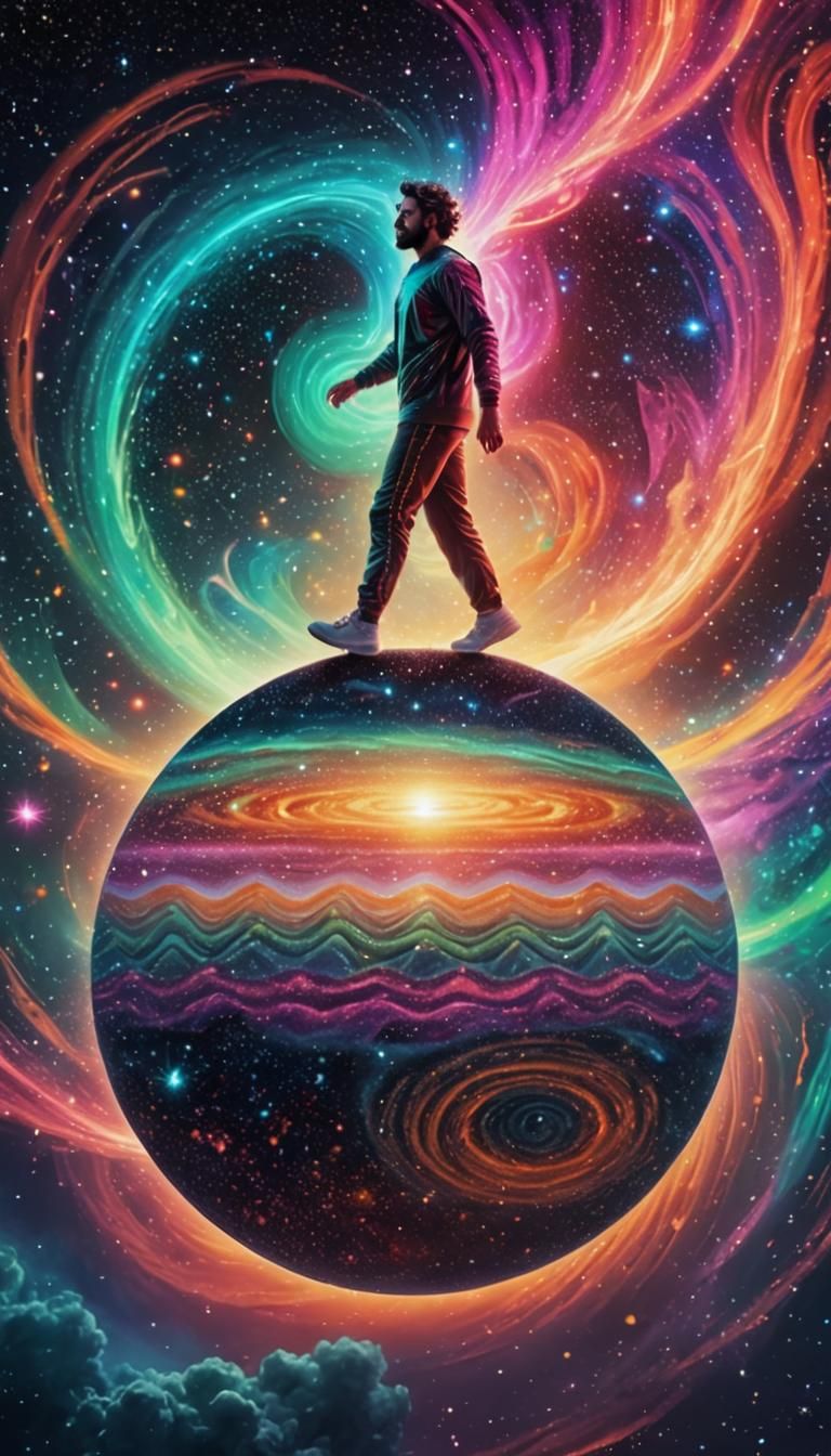 Cosmic Surrealism: Man Floating in Starry Space