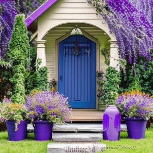 Gothic cherry wood porch with purple gothic porch furniture& purple pots with lavender bushes planted in them& cobalt bl...