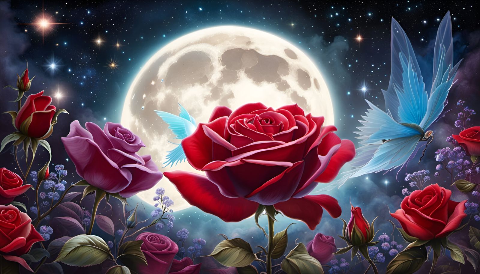 Magical Glowing Rose Garden Under Moonlight