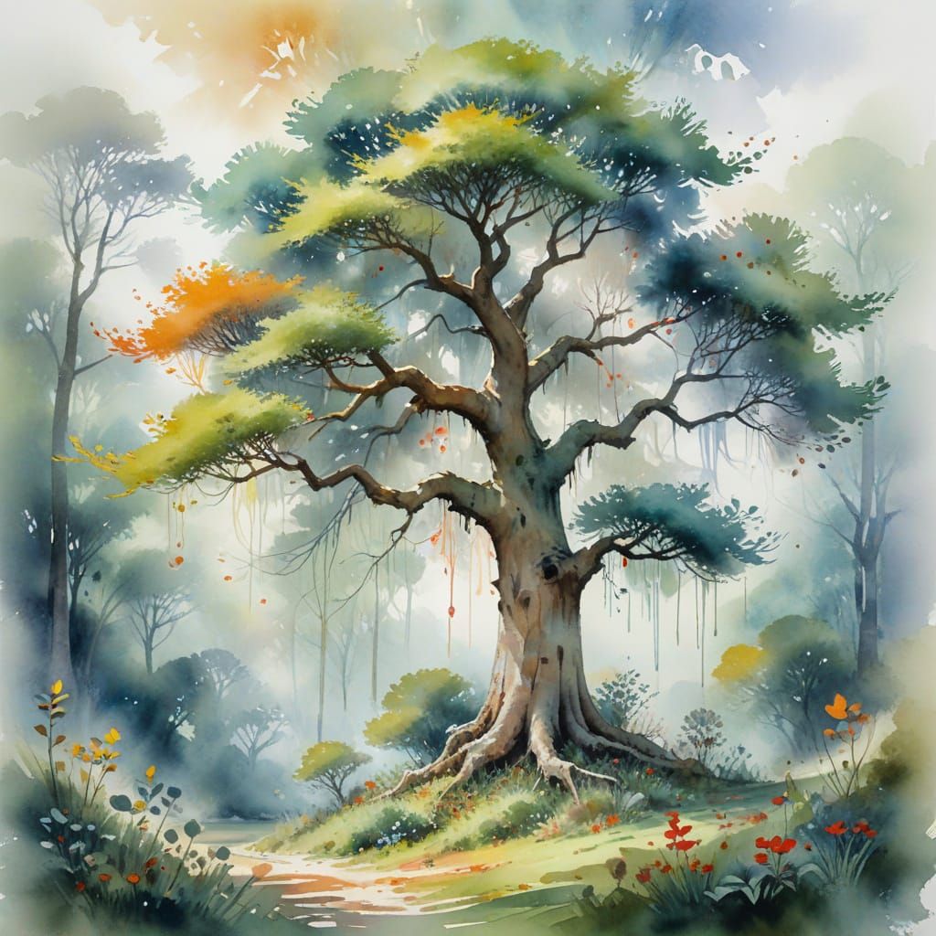Wise Elder Tree in Enchanted Grove Watercolor