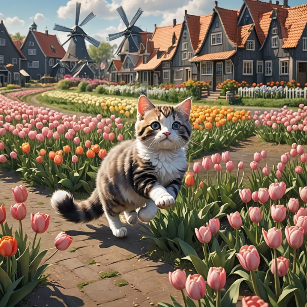 Cute Kitten in Dutch Tulip Field: 3D Anime Art