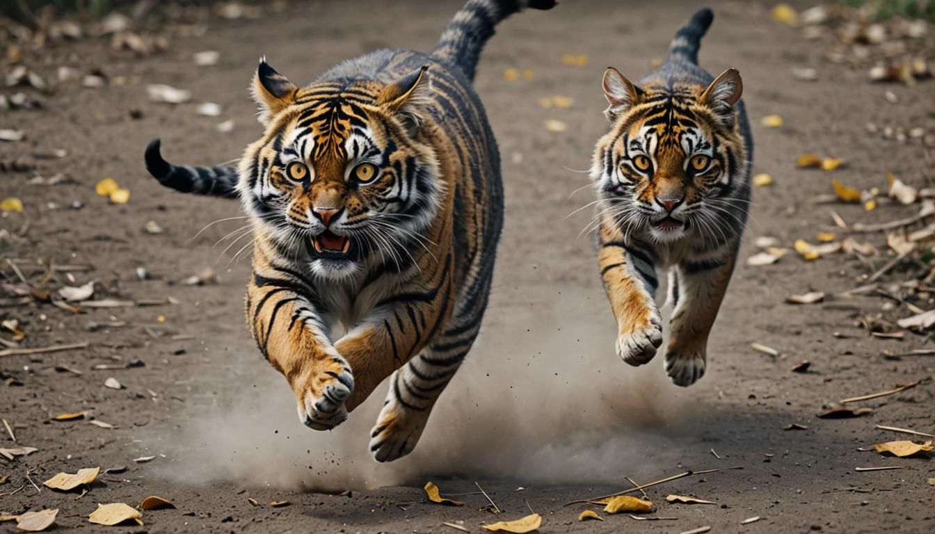 Draw a cat with yellow eyes that looks like a tiger. The cat jumps on the mice. The mice run away in horror. Super reali...