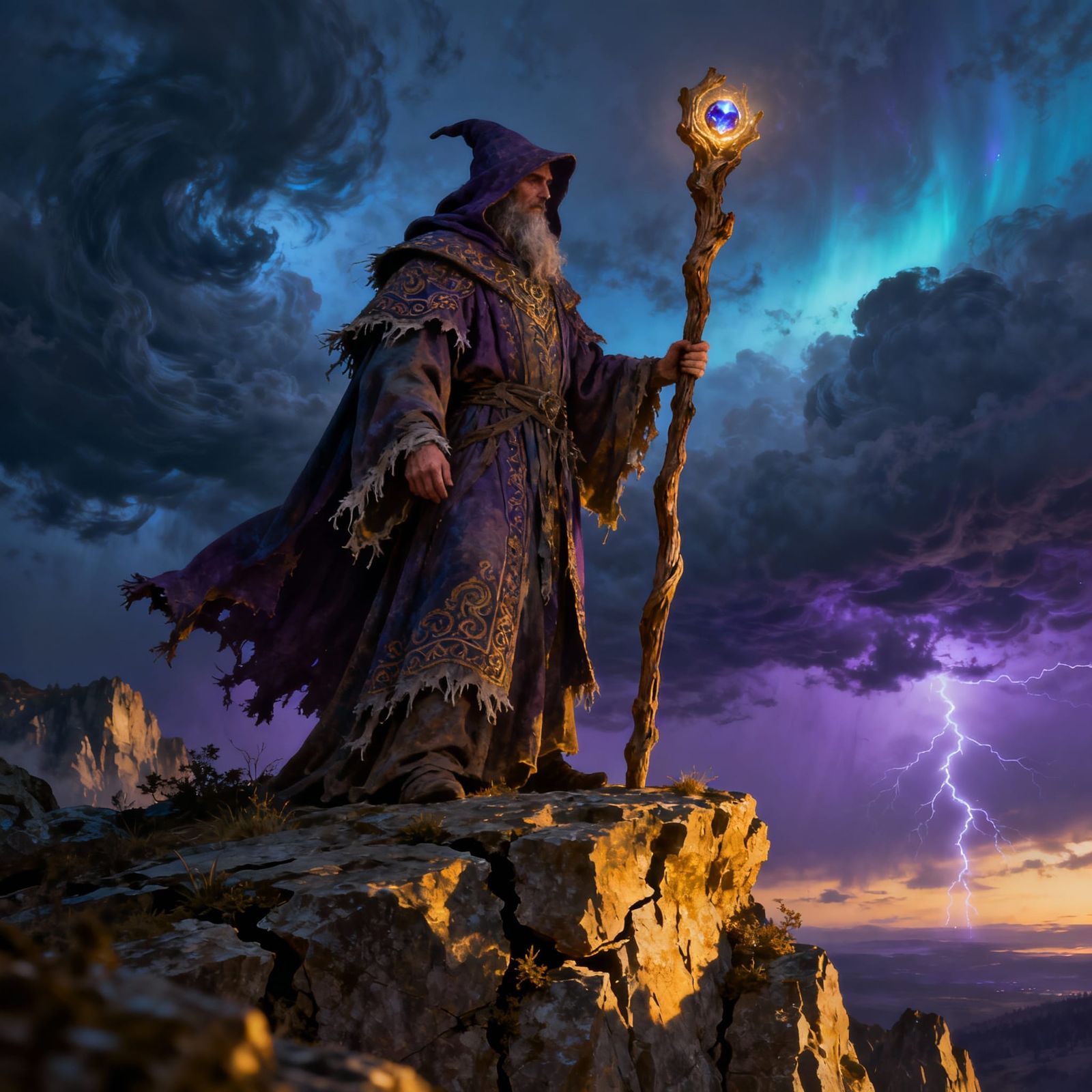 Majestic Magician on Rocky Promontory in Twilight