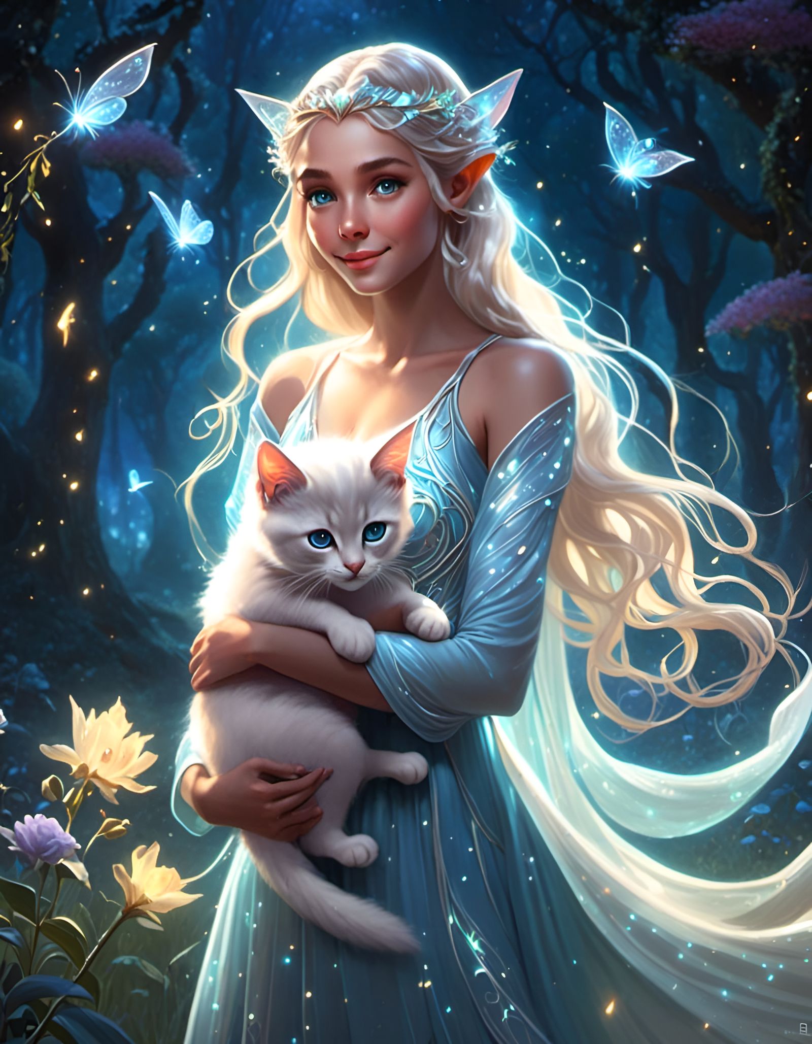 Ethereal Elf Maiden with Cat in Bioluminescent Forest