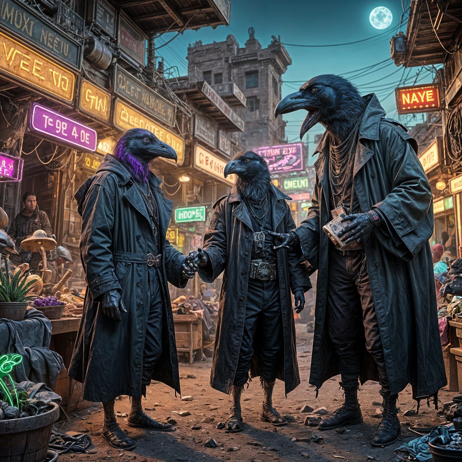 Raven Negotiates in Neon Alien Market