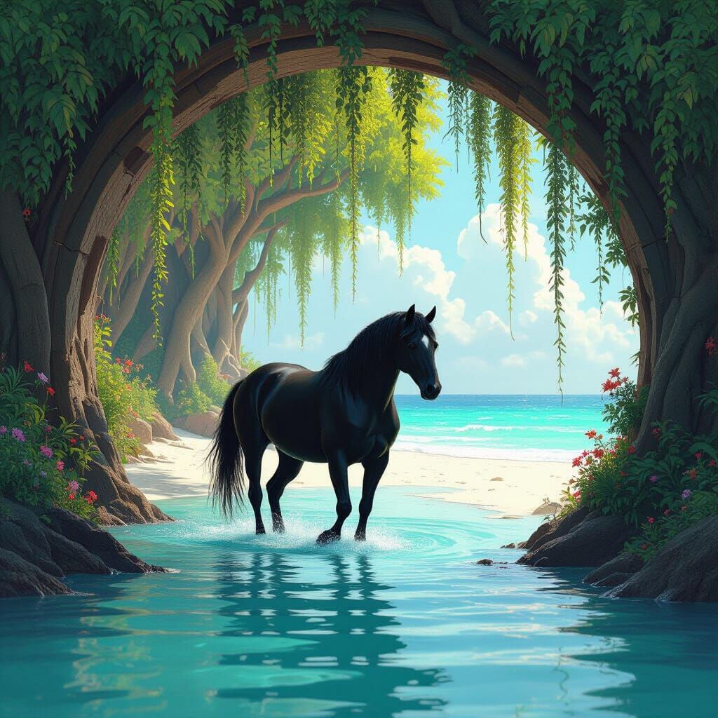 Black Stallion Emerges onto White Sand Beach