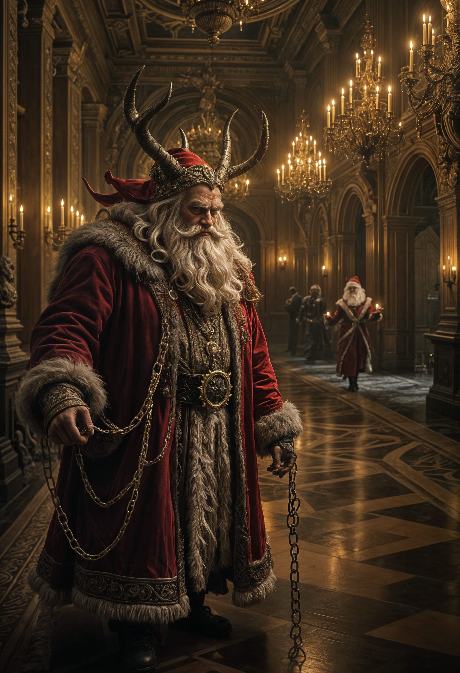 Monstrous Santa in Gothic Ballroom, Dark Fantasy Oil Paintin...