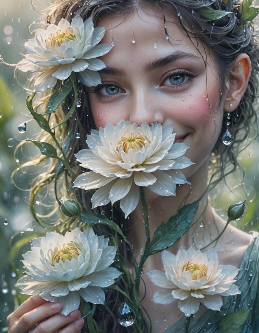 Eerie Fairy with Water Droplet, in Watercolor Style