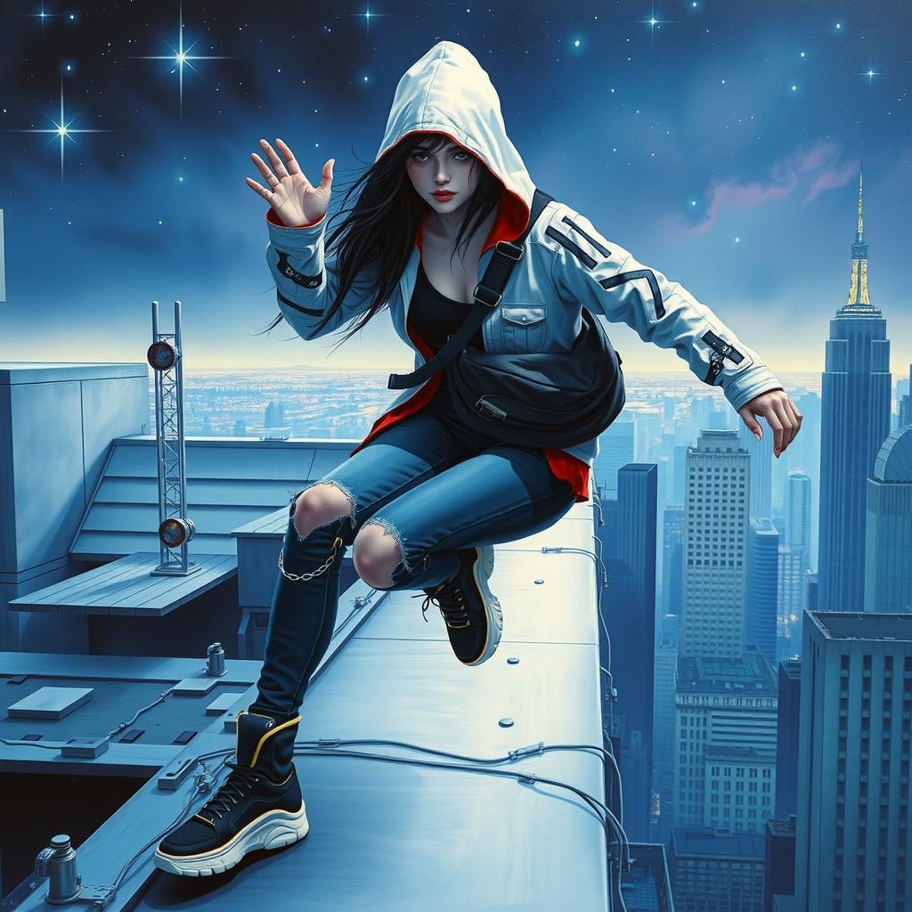 Cyberpunk Robotic Woman Parkours Across Futuristic Rooftop