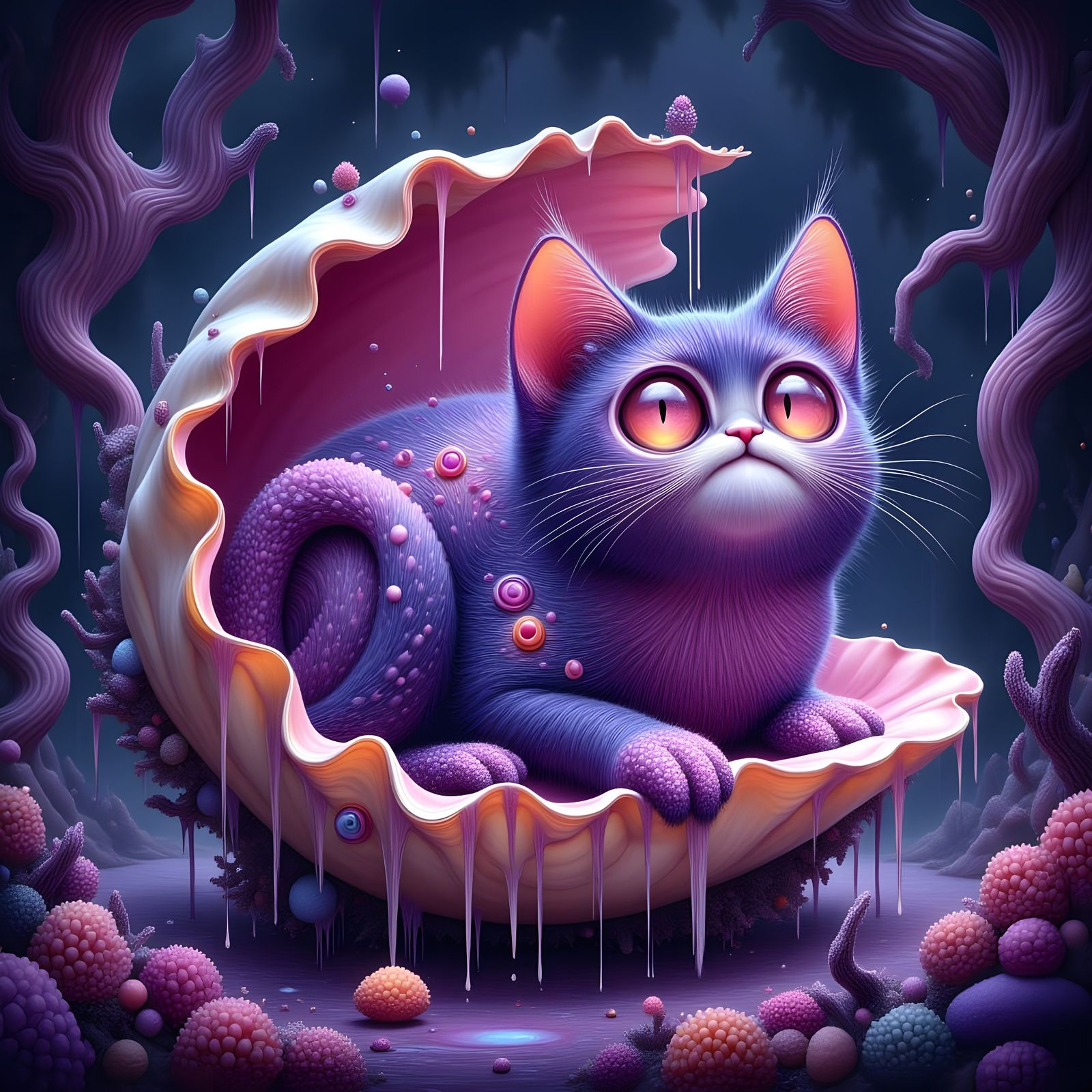 Surreal Cat in Bioluminescent Seashell World