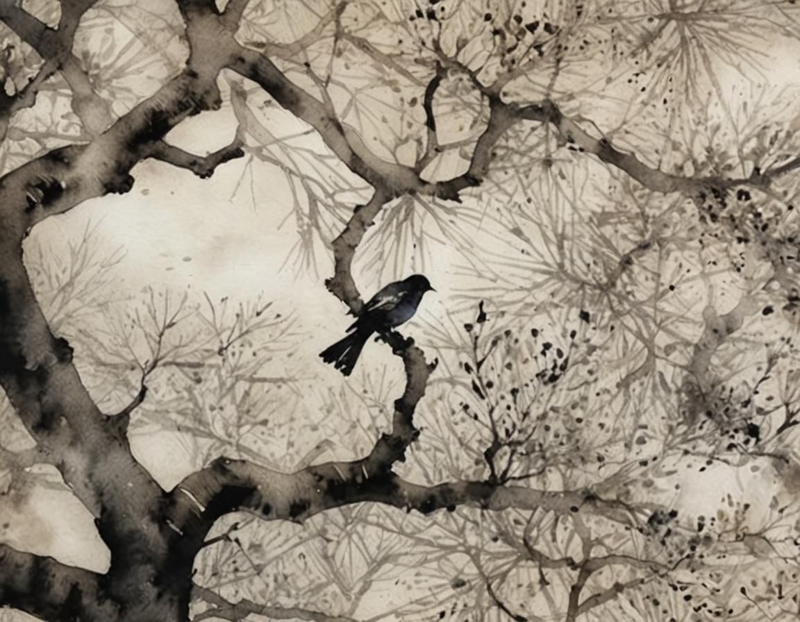 Blackbird on Branch in Expressive Watercolour Style