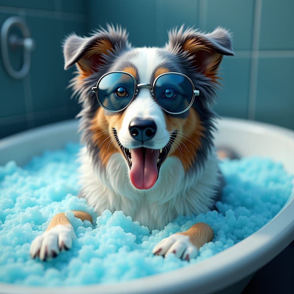 Happy Australian Shepherd Dog in Bubble Bath