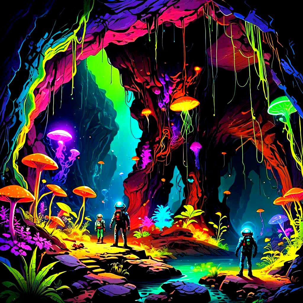 Space Explorers Discover Bioluminescent Alien Cavern