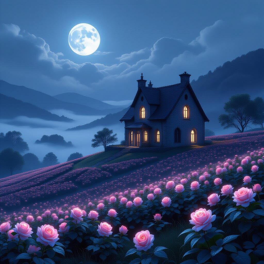 Ancient Moonlight House in Misty Valley