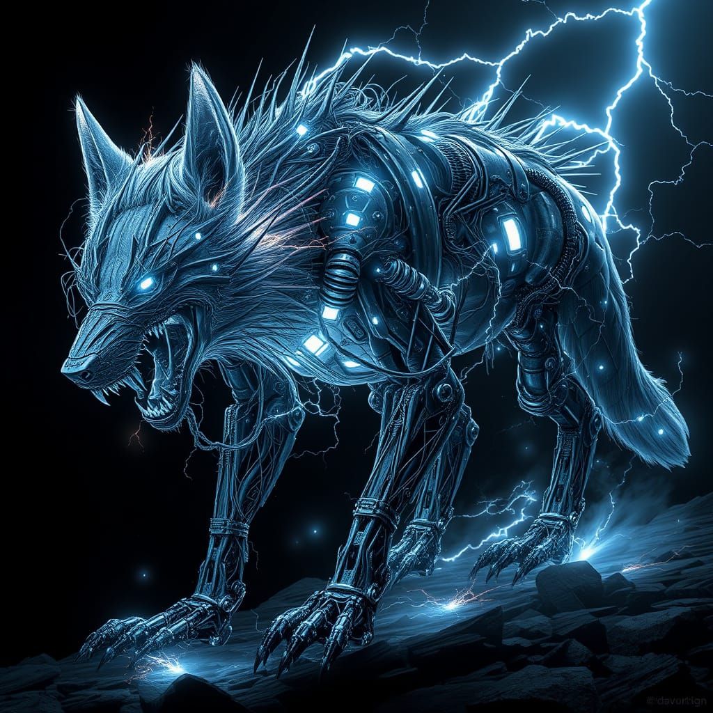 Biomechanical Wolf in Dark Cyberpunk Landscape