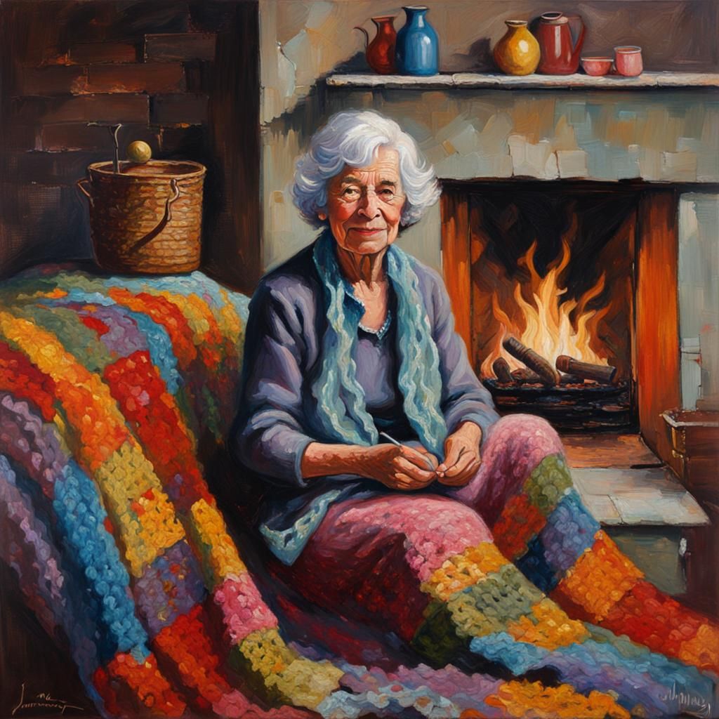 Kind Woman Crocheting by Fireplace as Oil Painting