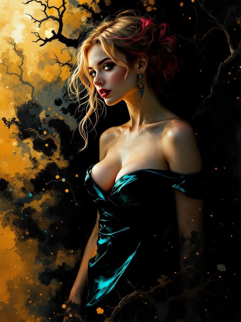 Pin-Up Woman in Metallic Dress, Rembrandt Style