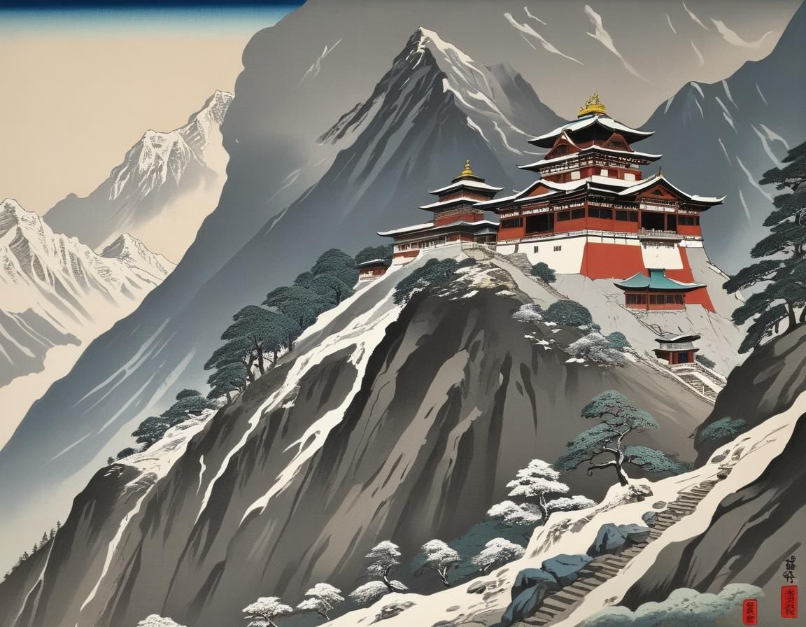 Nepalese Temple at Mount Everest: Ukiyo-e Style