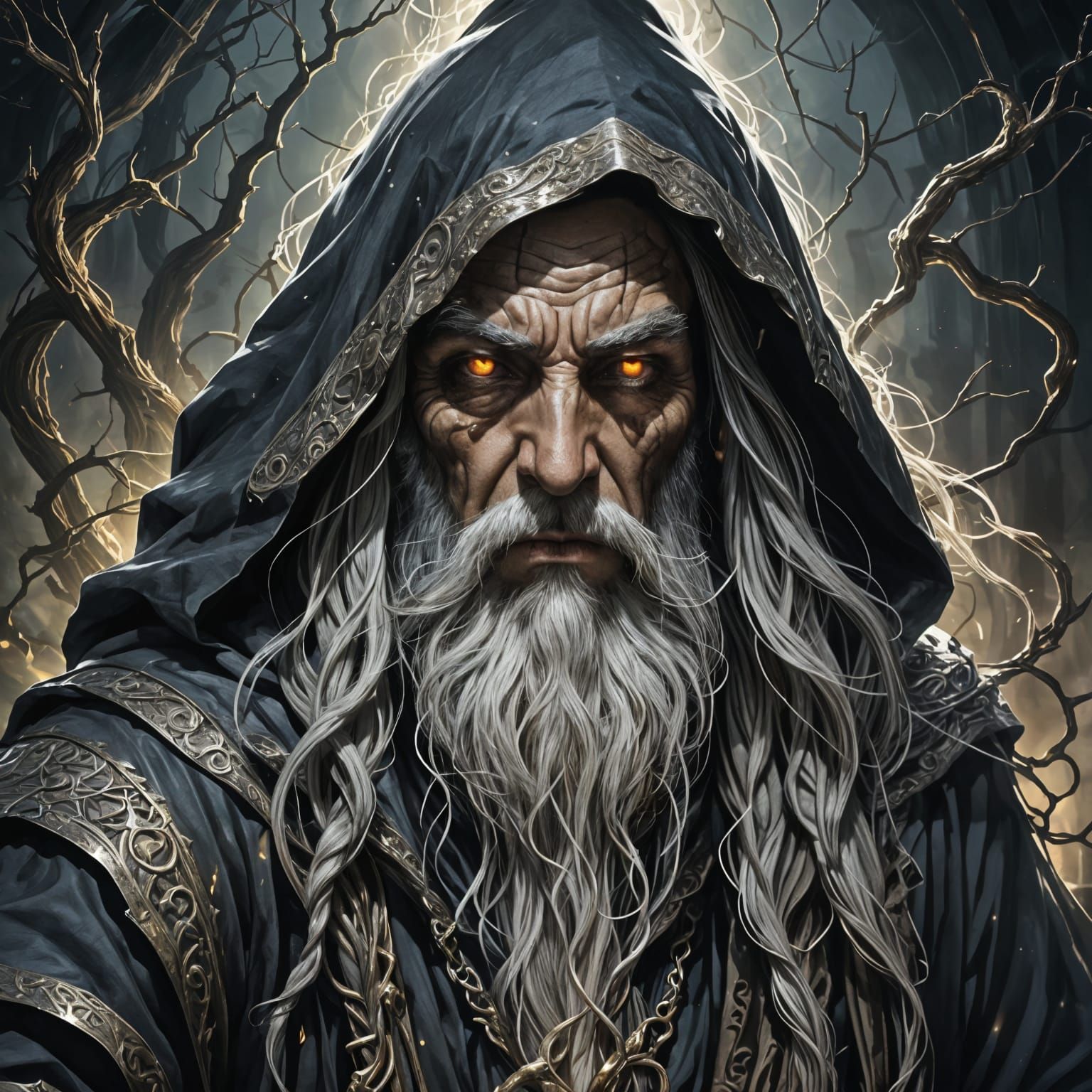 Ancient Wizard with Silver Beard in Dark Fantasy Art