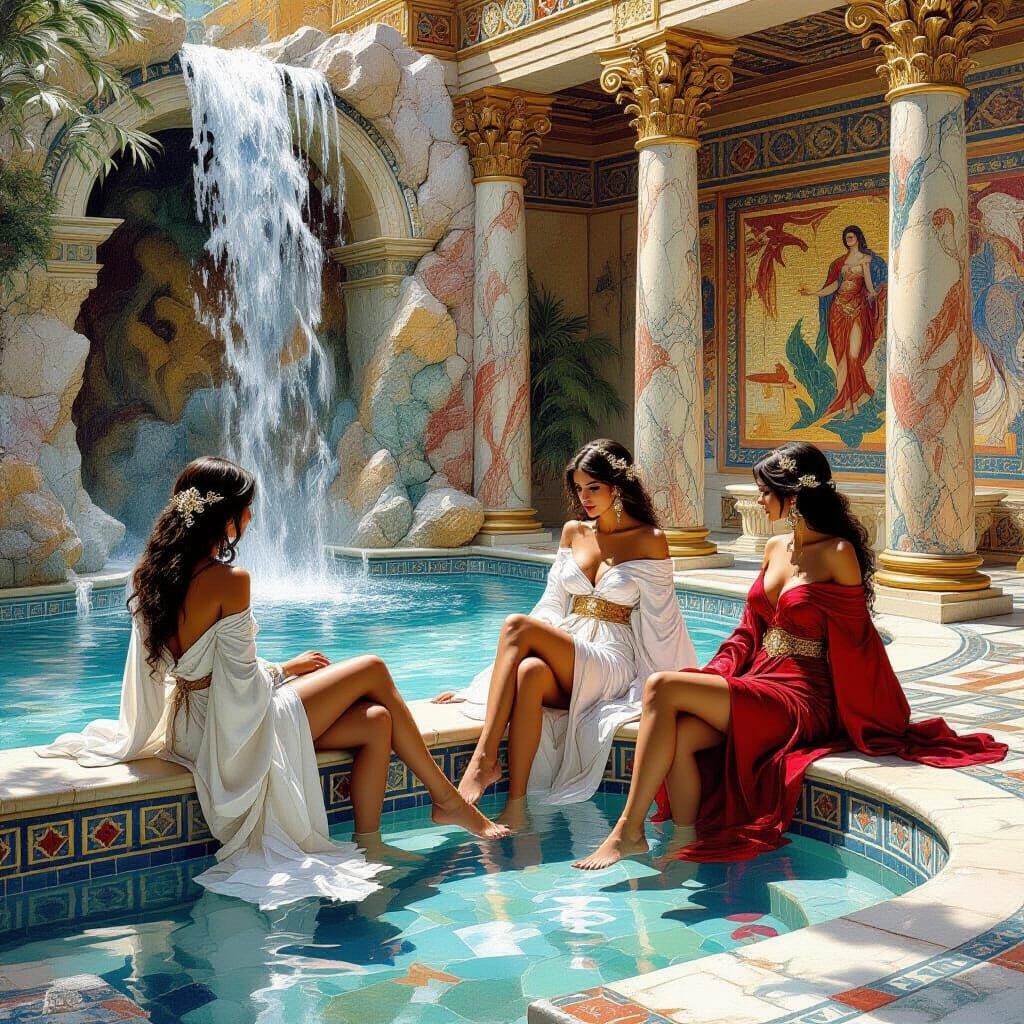 Elegant Ladies Relaxing by Roman Bath: Fantasy Oil Painting