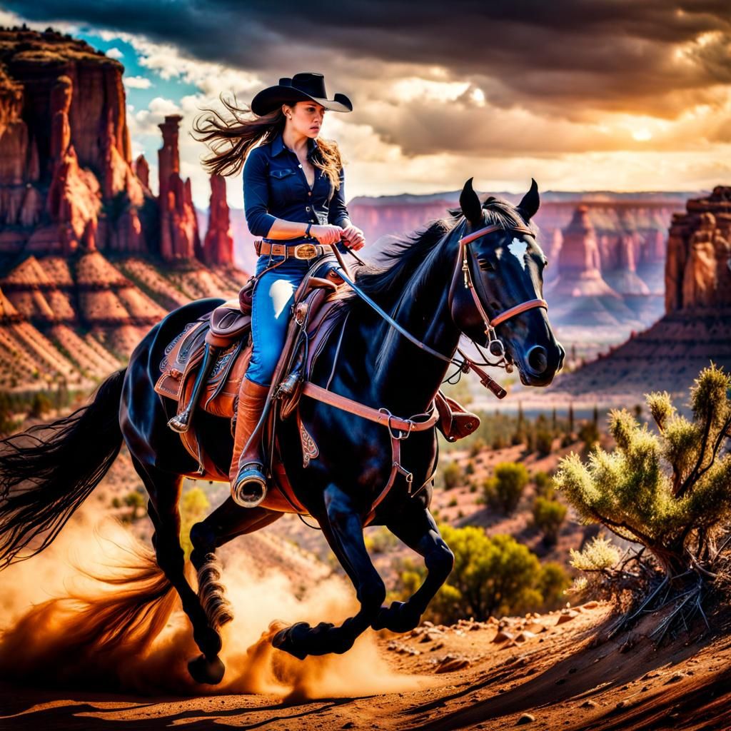 cowgirl on her black stallion riding through Desert canyon
