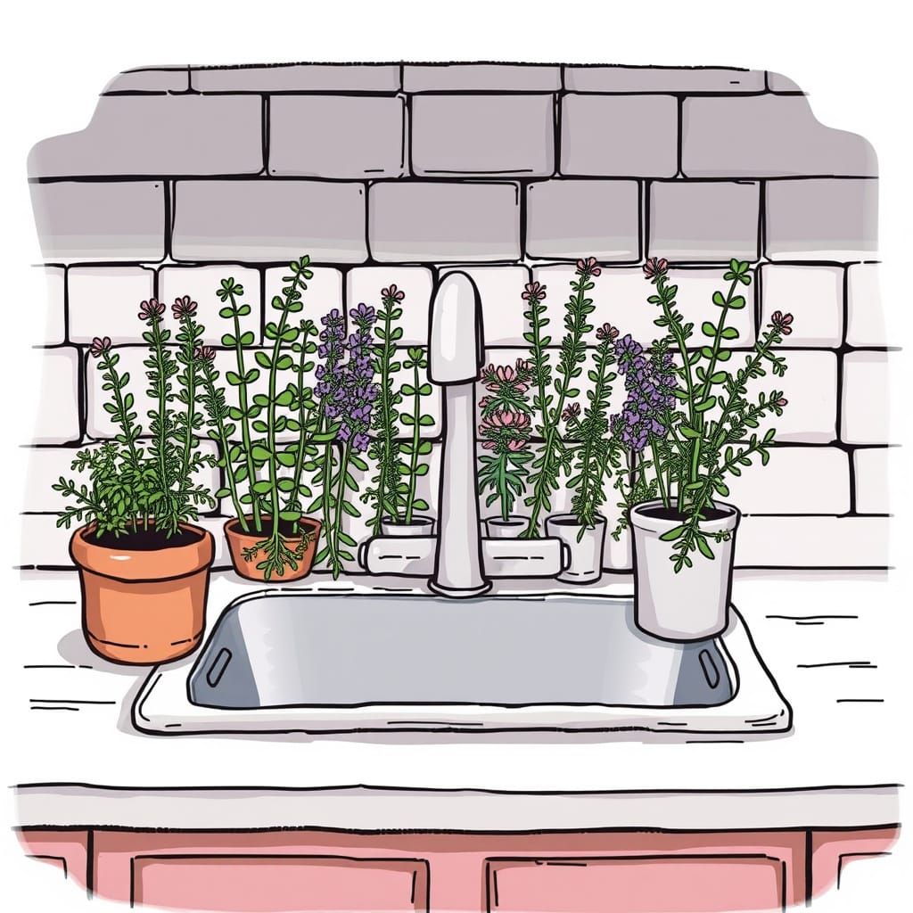 Cartoon Kitchen Sink Overflowing with Thyme