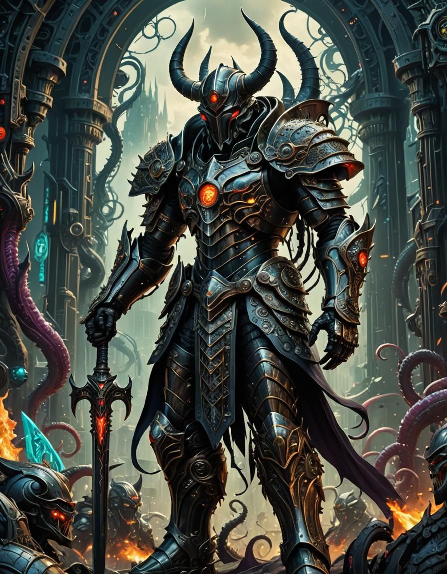 Titan Tentacle Demon Knight in Retrofuturism Style