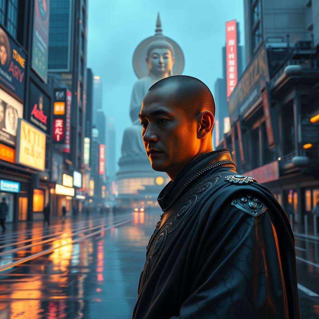 Epic Futuristic Buddhist Monk Amidst Sci-Fi Cityscape