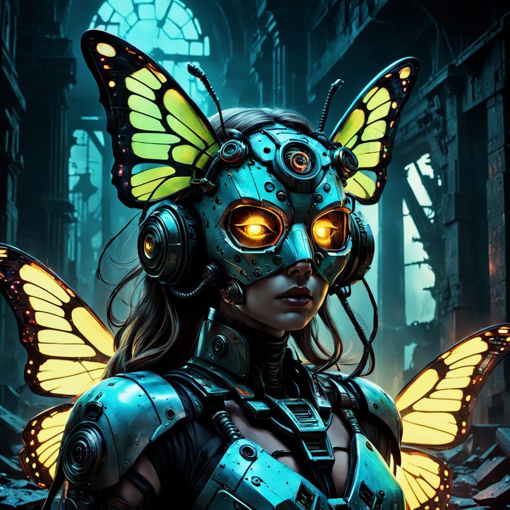 Biopunk Horror: Woman in Butterfly Mask Dancing in Ruins
