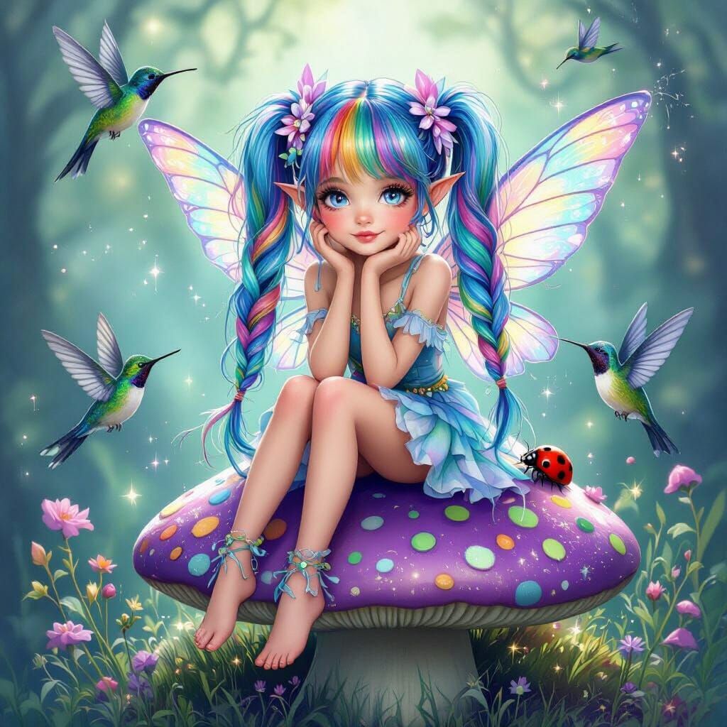 A fairy with high long, blue pigtails.  Her rainbow bangs match her rainbow, lumiscent wings. Bottom right corner says J...