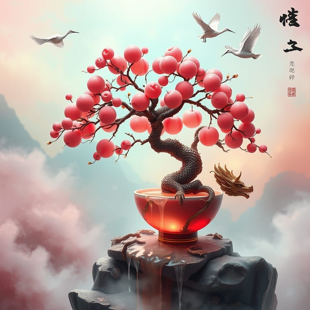 Ethereal Peach Bonsai in Taoist Paradise