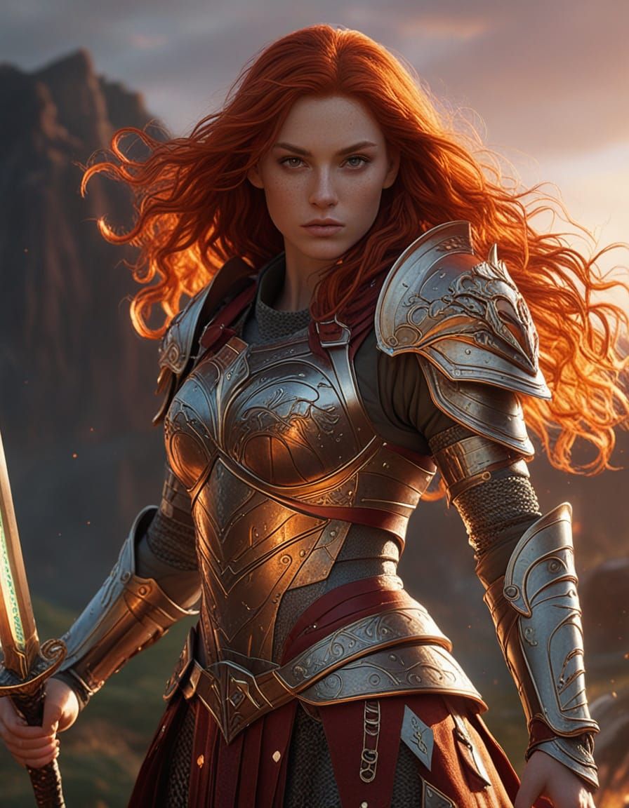 Fiery Haired Warrior in Glimmering Armor, Digital Art
