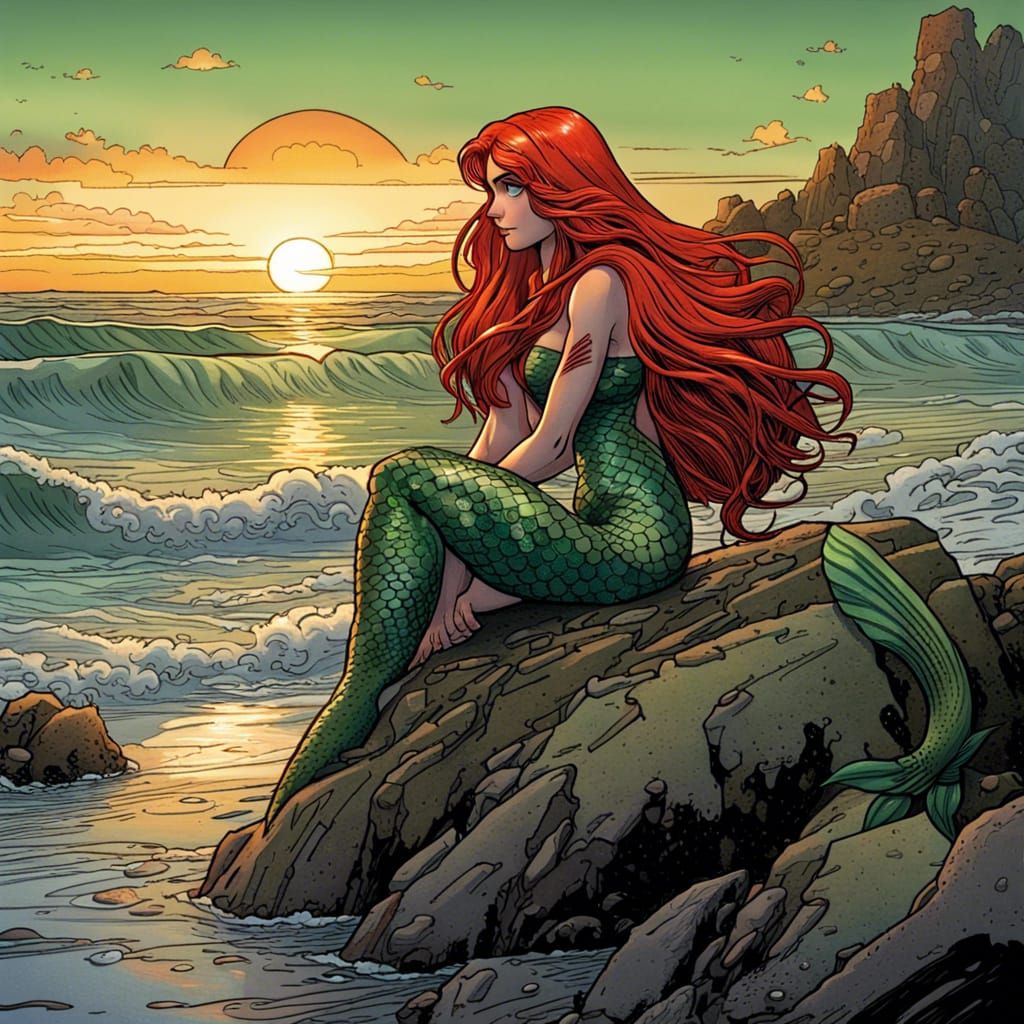 Mermaid Gazing at Sunset in Comic Book Art