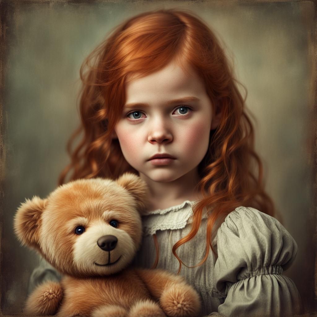 Vintage Portrait: Sad Redhead Girl with Teddy Bear