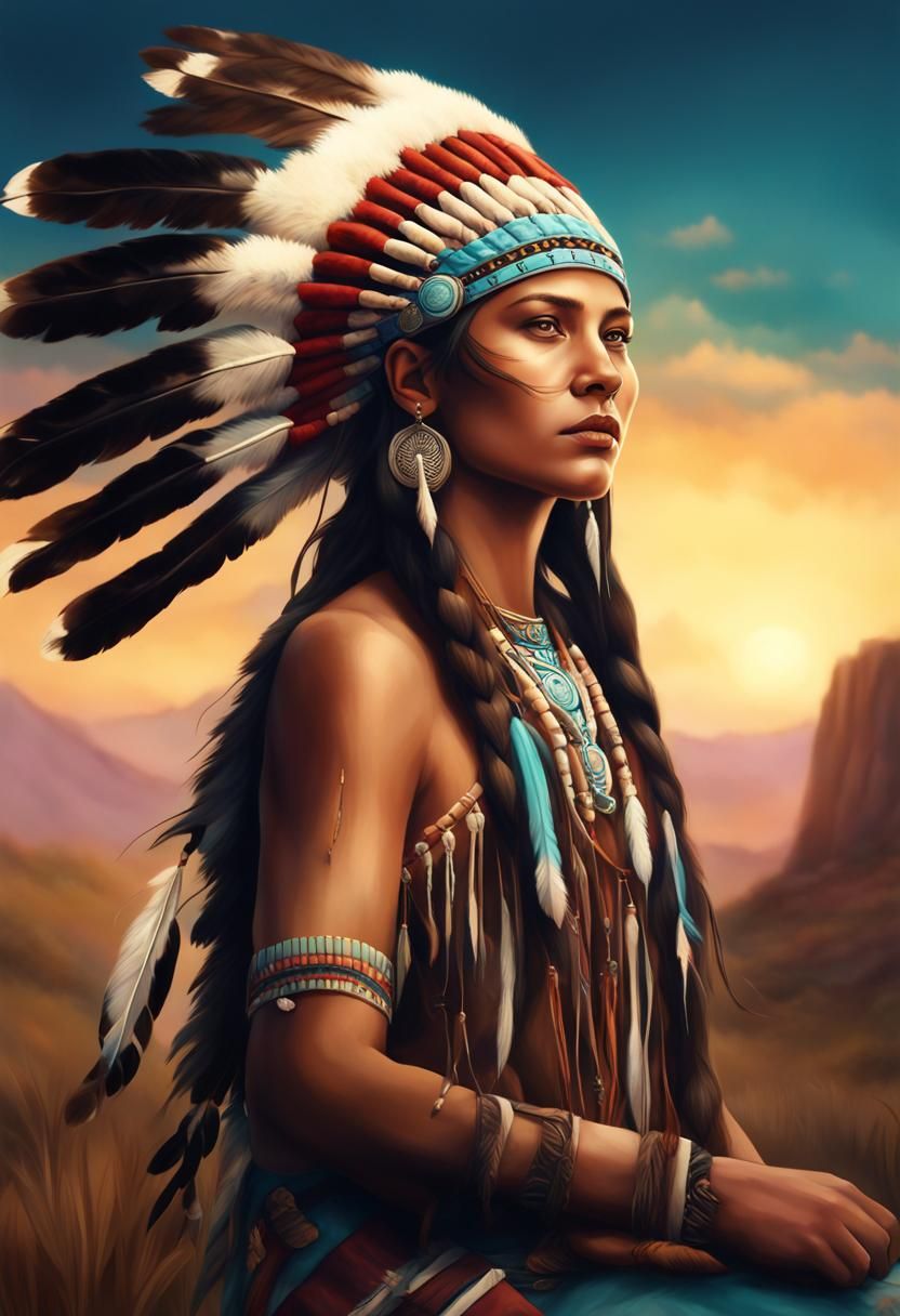 Native American Woman in Headdress, Pastel Portrait