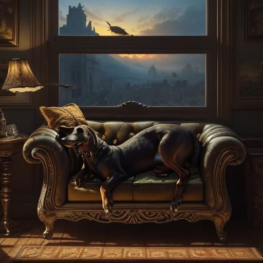 Dachshund in Armchair at Sunset: Cinematic Digital Art