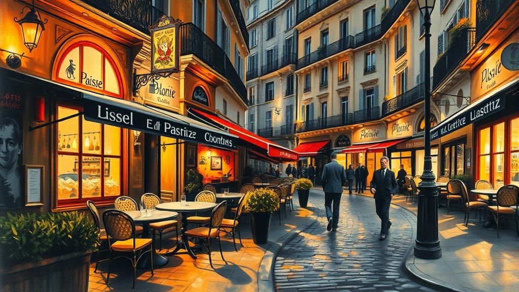 Golden Parisian Cafe at Night in Impressive Oil Painting