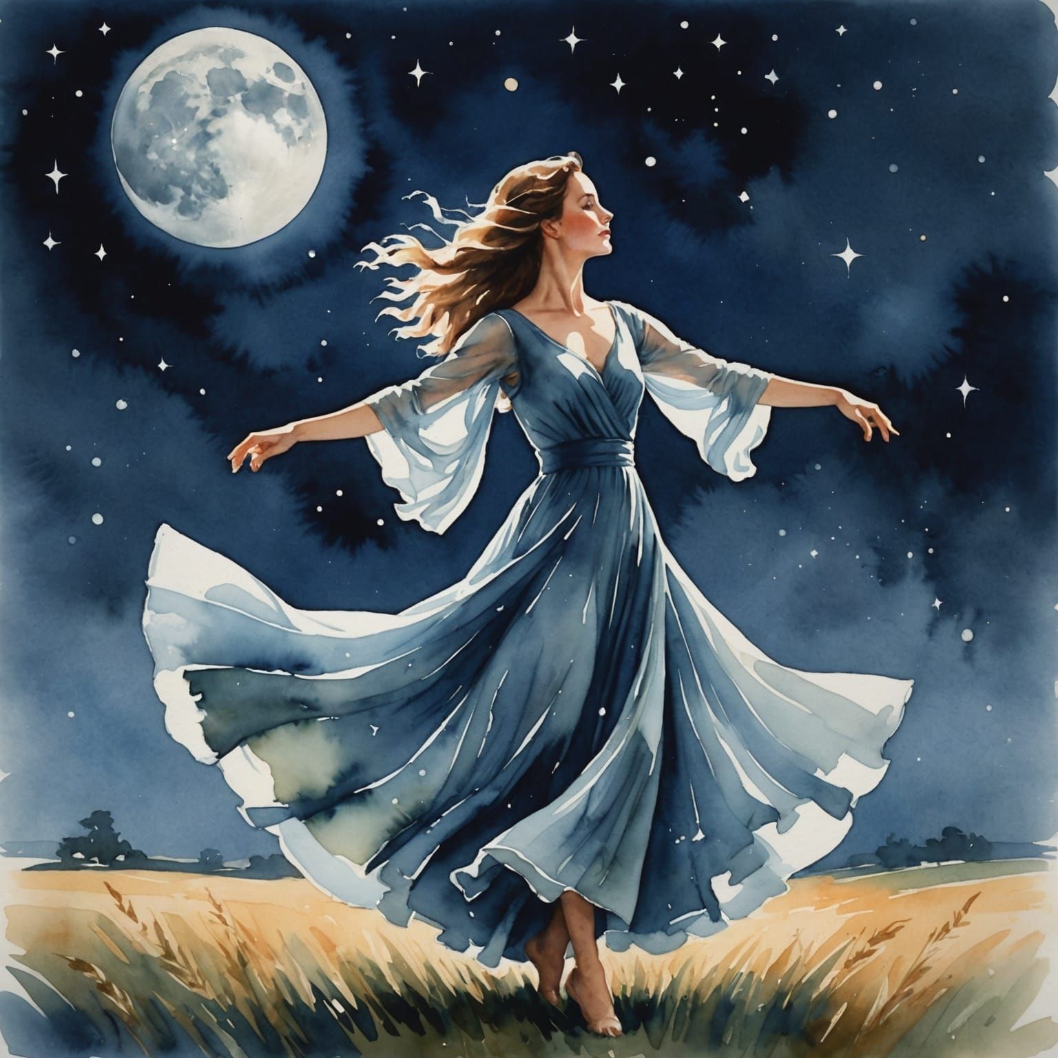 Graceful Woman Dancing in Watercolor Moonlight