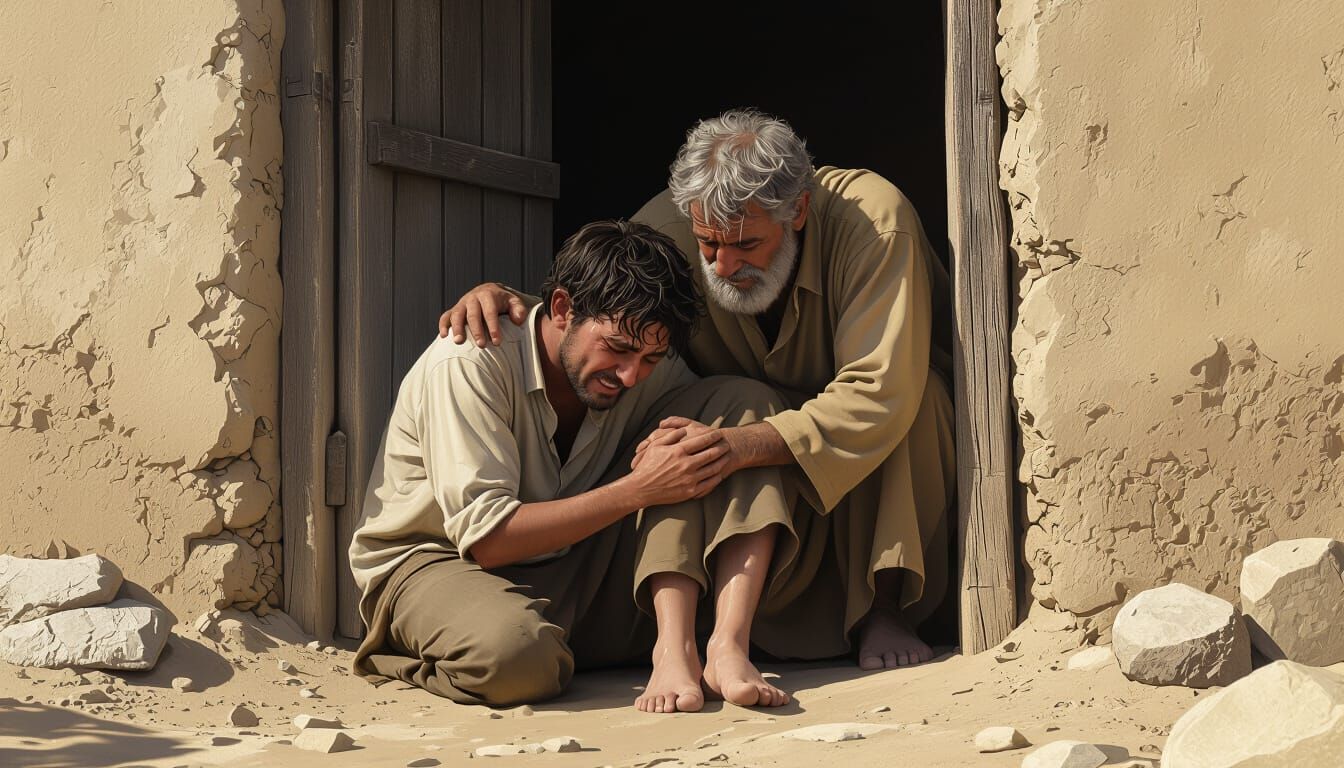 Son Clutches Father's Feet in Emotional Digital Art Scene