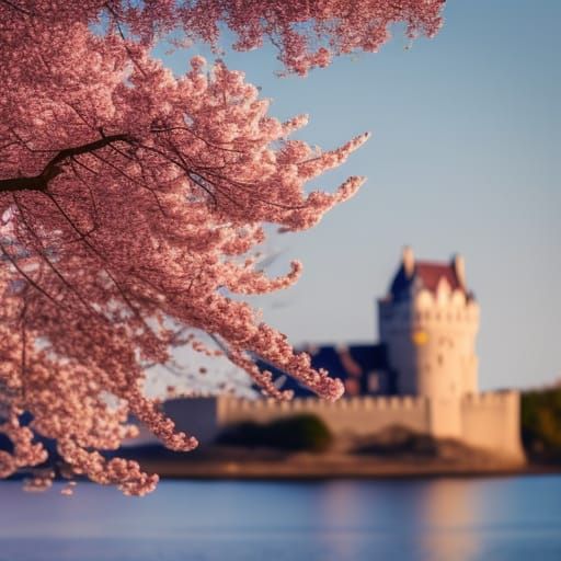 Cherry Blossom Bay with Castle and Dragons