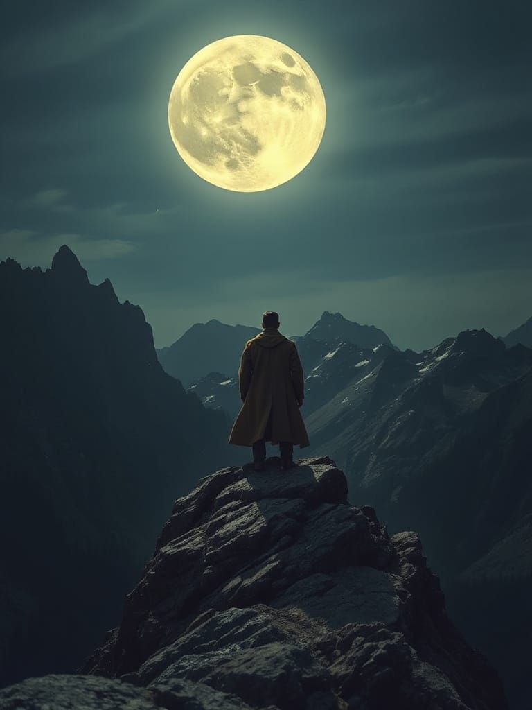 Man Gazing at Moon in Dramatic Landscape