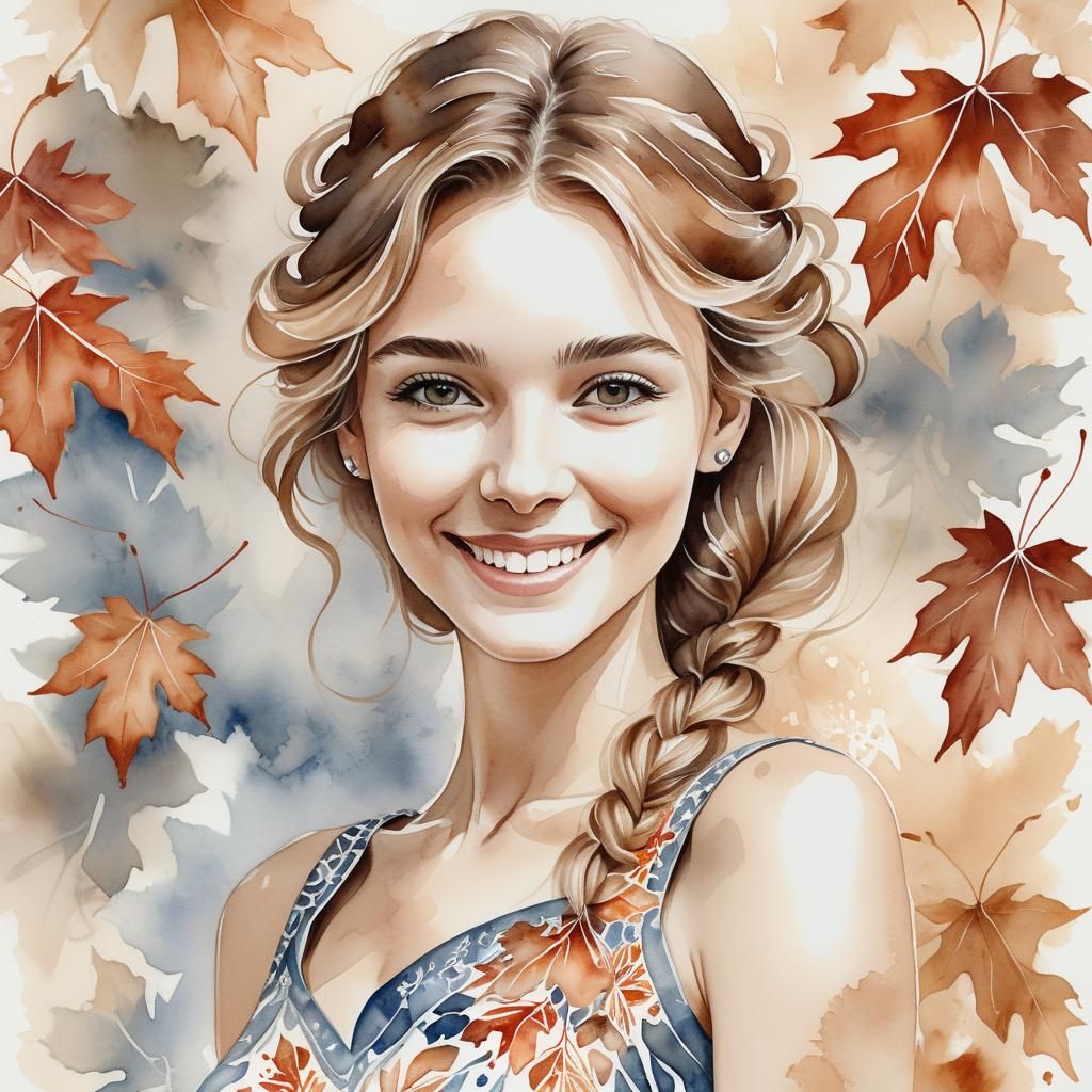Monochromatic Watercolor Portrait with Maple Leaves