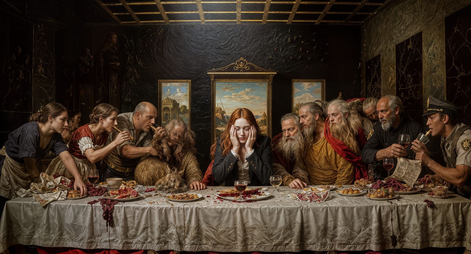 Cinematic Last Supper with Red-Haired Woman in Renaissance S...