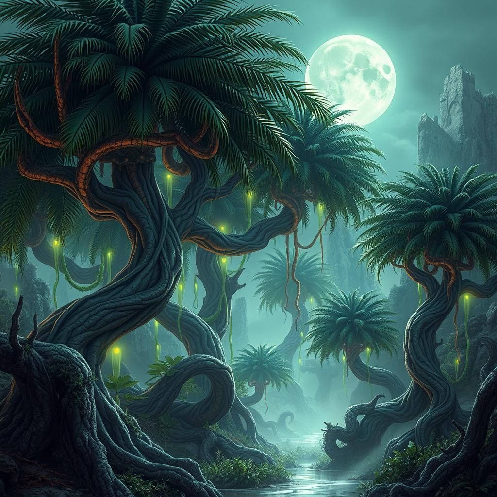 Mystical Palm Trees in Ethereal Fantasy Landscape